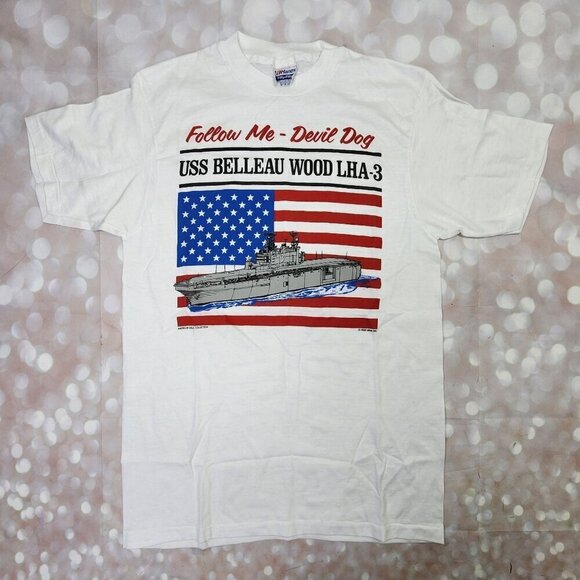 Hanes Vintage USS Belleau Wood LHA-3 White Cotton T-Shirt, Men's - Picture 2 of 7